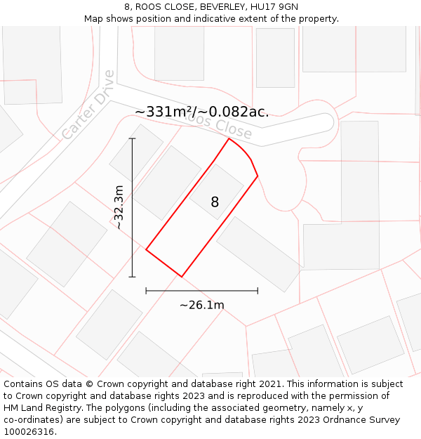 8, ROOS CLOSE, BEVERLEY, HU17 9GN: Plot and title map