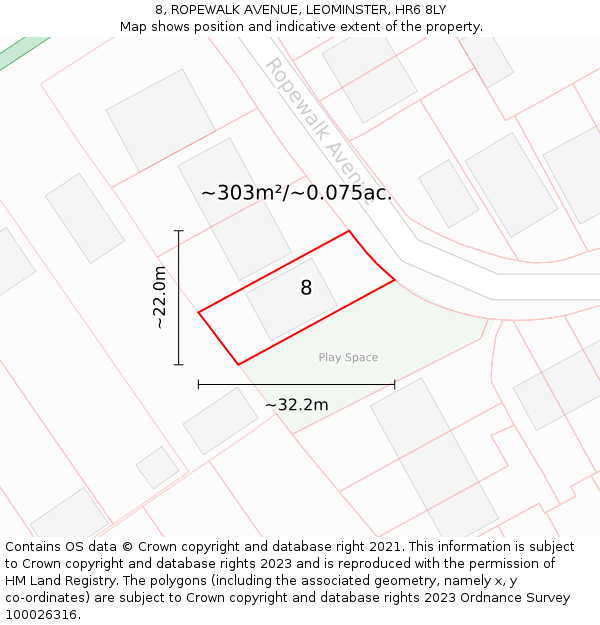8, ROPEWALK AVENUE, LEOMINSTER, HR6 8LY: Plot and title map