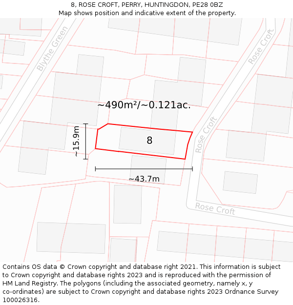 8, ROSE CROFT, PERRY, HUNTINGDON, PE28 0BZ: Plot and title map