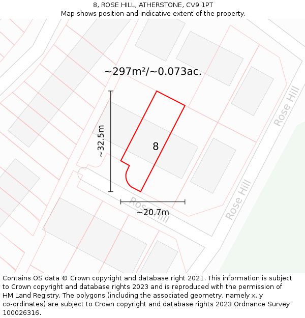 8, ROSE HILL, ATHERSTONE, CV9 1PT: Plot and title map