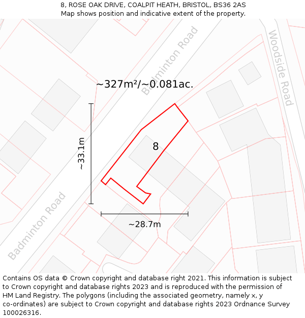 8, ROSE OAK DRIVE, COALPIT HEATH, BRISTOL, BS36 2AS: Plot and title map