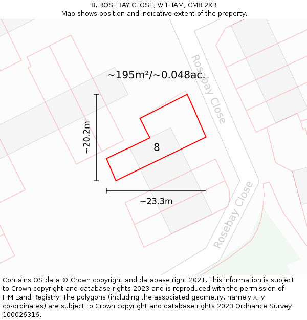 8, ROSEBAY CLOSE, WITHAM, CM8 2XR: Plot and title map