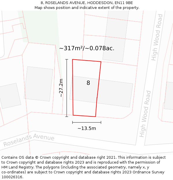 8, ROSELANDS AVENUE, HODDESDON, EN11 9BE: Plot and title map