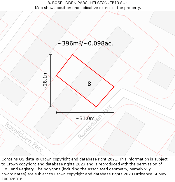 8, ROSELIDDEN PARC, HELSTON, TR13 8UH: Plot and title map