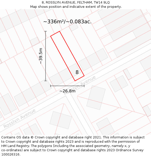 8, ROSSLYN AVENUE, FELTHAM, TW14 9LQ: Plot and title map