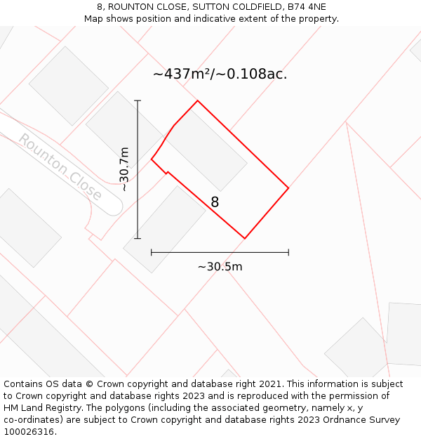 8, ROUNTON CLOSE, SUTTON COLDFIELD, B74 4NE: Plot and title map