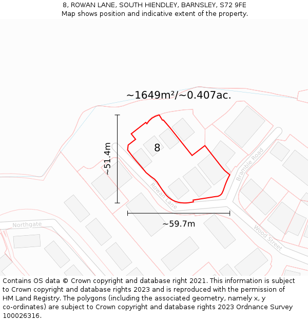 8, ROWAN LANE, SOUTH HIENDLEY, BARNSLEY, S72 9FE: Plot and title map