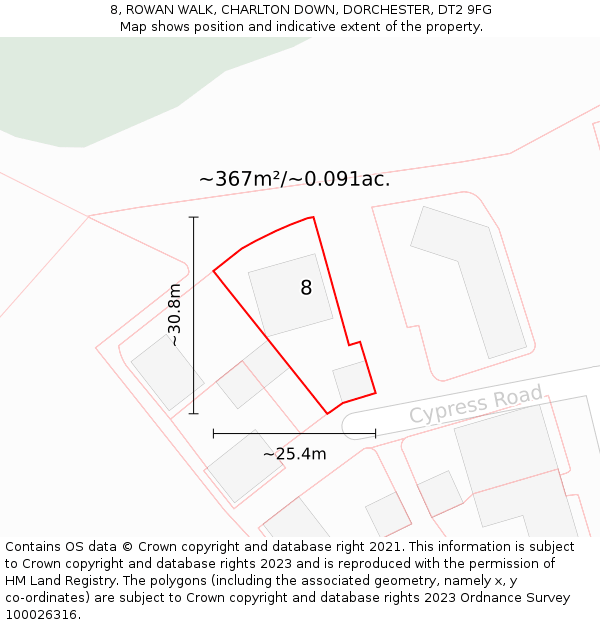 8, ROWAN WALK, CHARLTON DOWN, DORCHESTER, DT2 9FG: Plot and title map