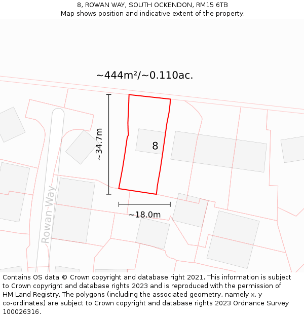 8, ROWAN WAY, SOUTH OCKENDON, RM15 6TB: Plot and title map