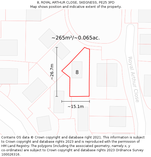 8, ROYAL ARTHUR CLOSE, SKEGNESS, PE25 3PD: Plot and title map