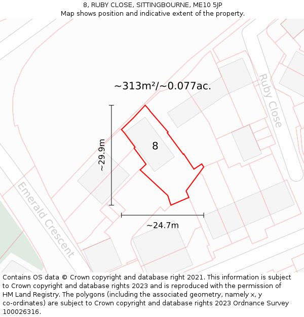 8, RUBY CLOSE, SITTINGBOURNE, ME10 5JP: Plot and title map