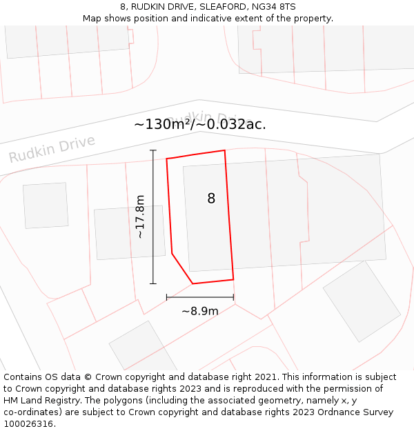 8, RUDKIN DRIVE, SLEAFORD, NG34 8TS: Plot and title map