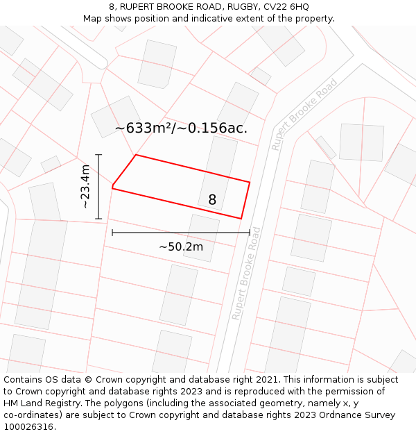 8, RUPERT BROOKE ROAD, RUGBY, CV22 6HQ: Plot and title map