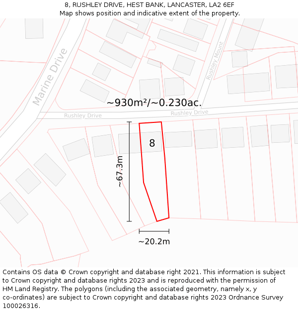 8, RUSHLEY DRIVE, HEST BANK, LANCASTER, LA2 6EF: Plot and title map