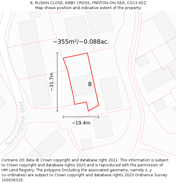 8, RUSKIN CLOSE, KIRBY CROSS, FRINTON-ON-SEA, CO13 0SZ: Plot and title map