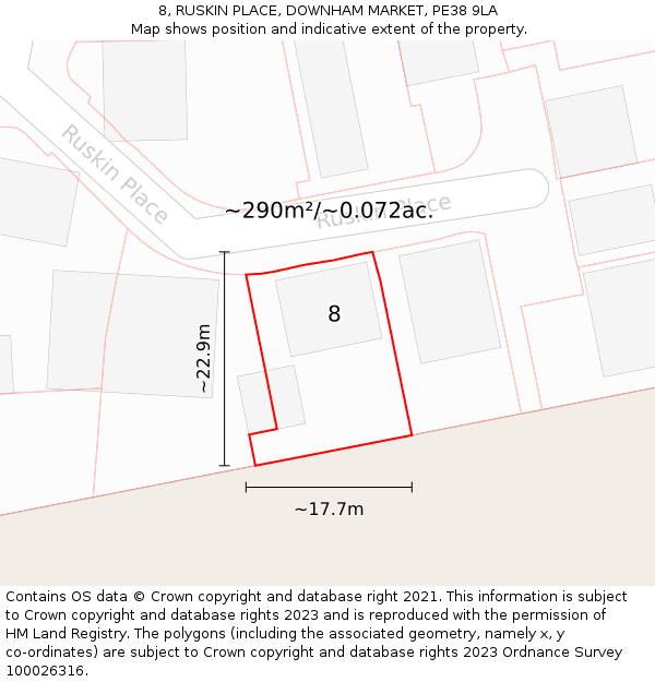 8, RUSKIN PLACE, DOWNHAM MARKET, PE38 9LA: Plot and title map