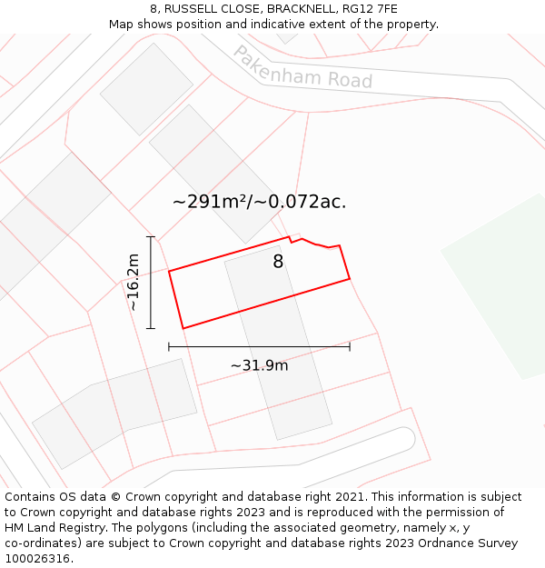8, RUSSELL CLOSE, BRACKNELL, RG12 7FE: Plot and title map