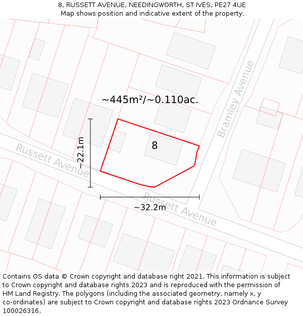 8, RUSSETT AVENUE, NEEDINGWORTH, ST IVES, PE27 4UE: Plot and title map