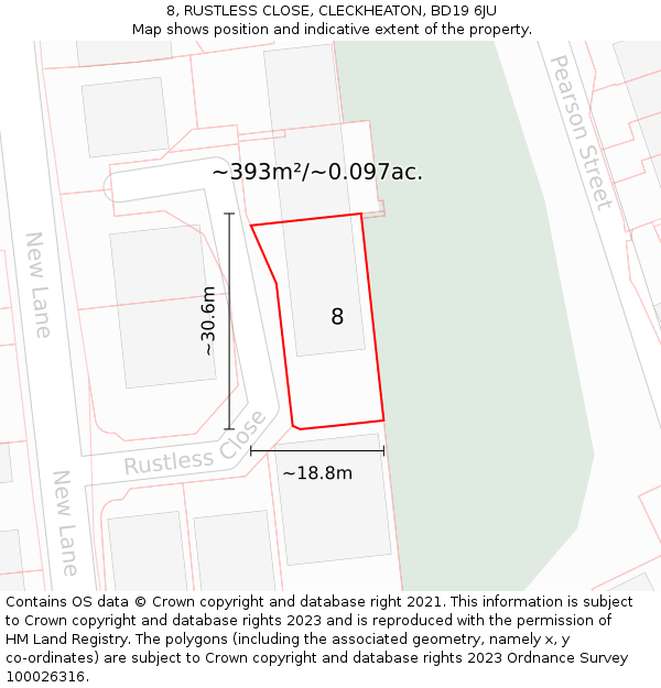 8, RUSTLESS CLOSE, CLECKHEATON, BD19 6JU: Plot and title map