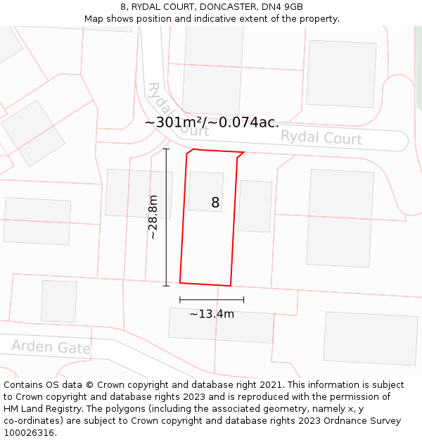 8, RYDAL COURT, DONCASTER, DN4 9GB: Plot and title map