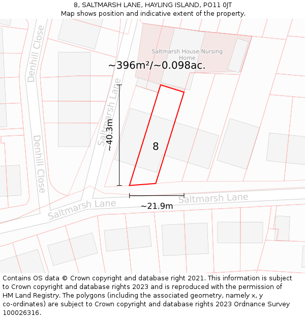 8, SALTMARSH LANE, HAYLING ISLAND, PO11 0JT: Plot and title map