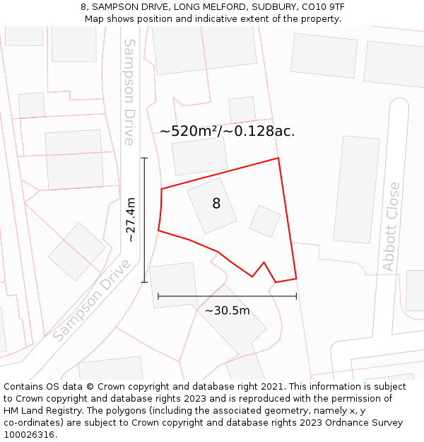 8, SAMPSON DRIVE, LONG MELFORD, SUDBURY, CO10 9TF: Plot and title map