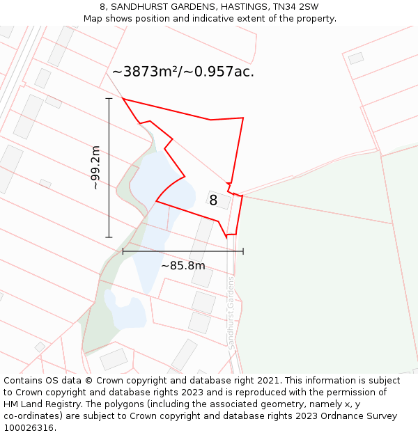 8, SANDHURST GARDENS, HASTINGS, TN34 2SW: Plot and title map