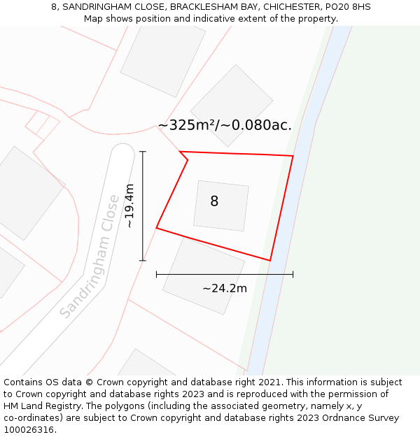 8, SANDRINGHAM CLOSE, BRACKLESHAM BAY, CHICHESTER, PO20 8HS: Plot and title map