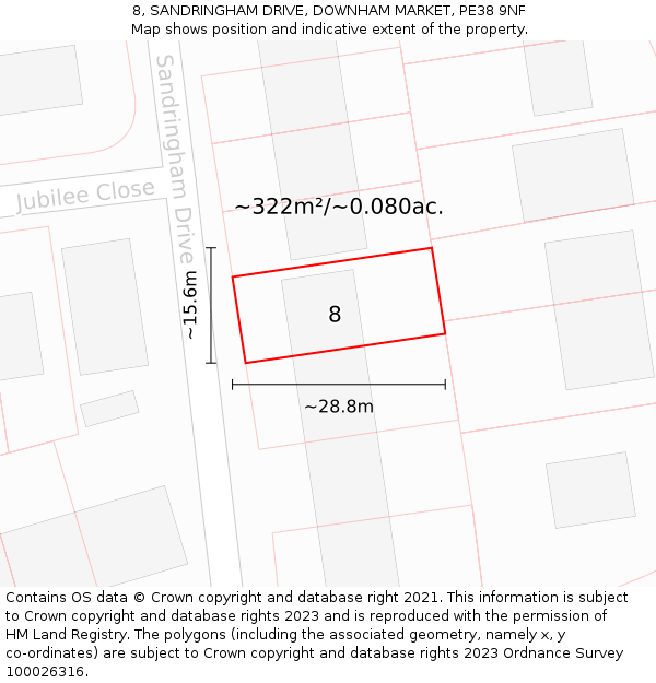 8, SANDRINGHAM DRIVE, DOWNHAM MARKET, PE38 9NF: Plot and title map