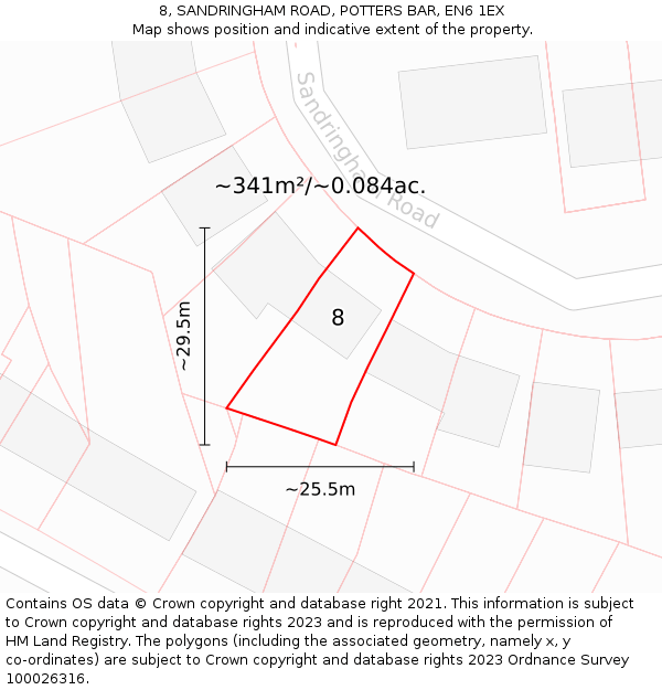 8, SANDRINGHAM ROAD, POTTERS BAR, EN6 1EX: Plot and title map