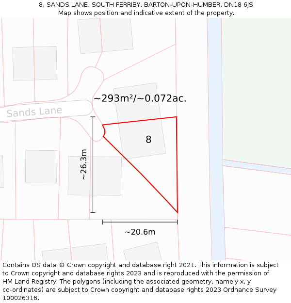 8, SANDS LANE, SOUTH FERRIBY, BARTON-UPON-HUMBER, DN18 6JS: Plot and title map