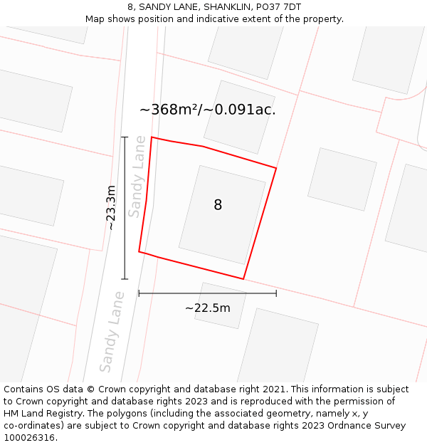 8, SANDY LANE, SHANKLIN, PO37 7DT: Plot and title map