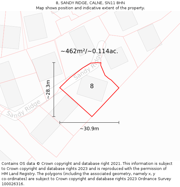 8, SANDY RIDGE, CALNE, SN11 8HN: Plot and title map