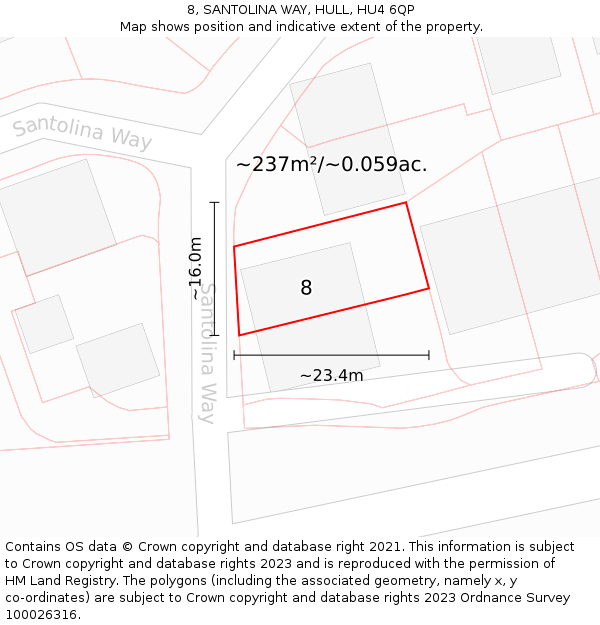 8, SANTOLINA WAY, HULL, HU4 6QP: Plot and title map