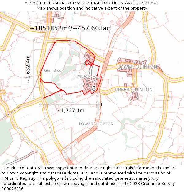 8, SAPPER CLOSE, MEON VALE, STRATFORD-UPON-AVON, CV37 8WU: Plot and title map