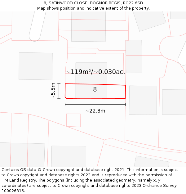 8, SATINWOOD CLOSE, BOGNOR REGIS, PO22 6SB: Plot and title map