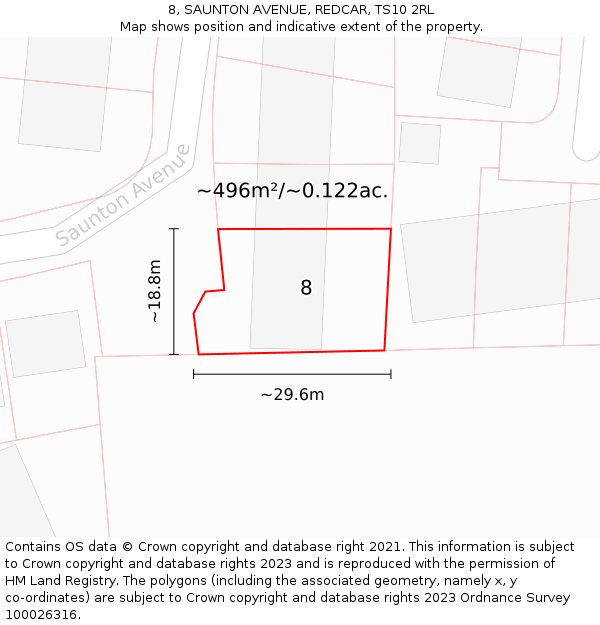 8, SAUNTON AVENUE, REDCAR, TS10 2RL: Plot and title map