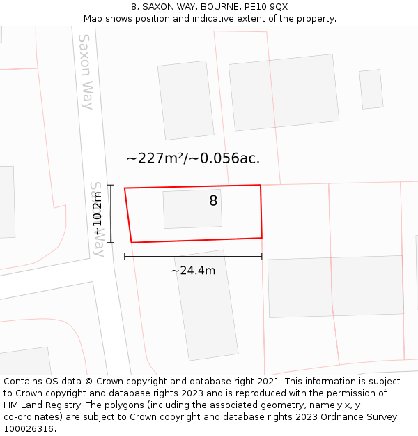 8, SAXON WAY, BOURNE, PE10 9QX: Plot and title map