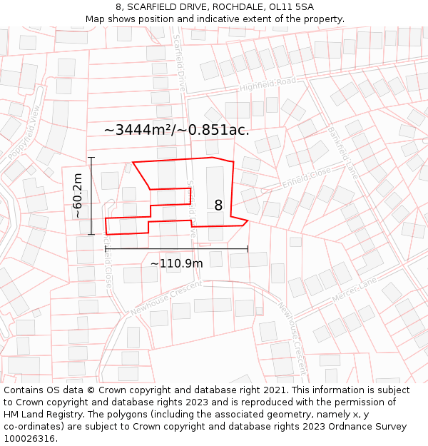 8, SCARFIELD DRIVE, ROCHDALE, OL11 5SA: Plot and title map