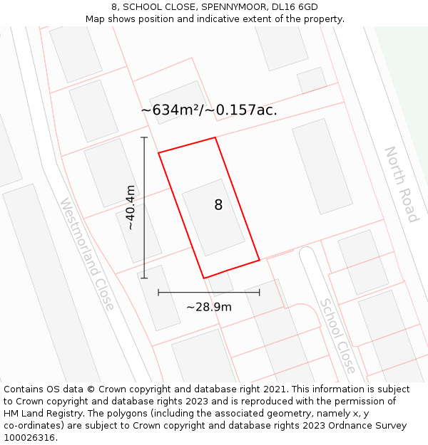 8, SCHOOL CLOSE, SPENNYMOOR, DL16 6GD: Plot and title map