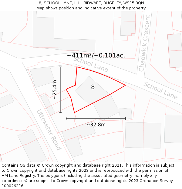 8, SCHOOL LANE, HILL RIDWARE, RUGELEY, WS15 3QN: Plot and title map