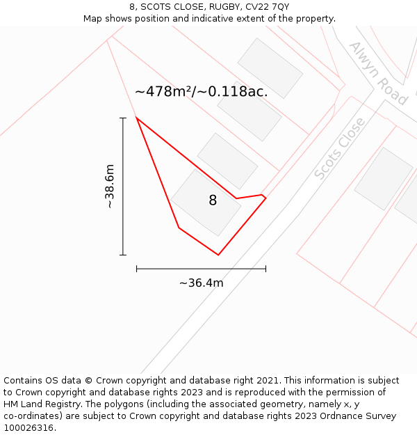 8, SCOTS CLOSE, RUGBY, CV22 7QY: Plot and title map