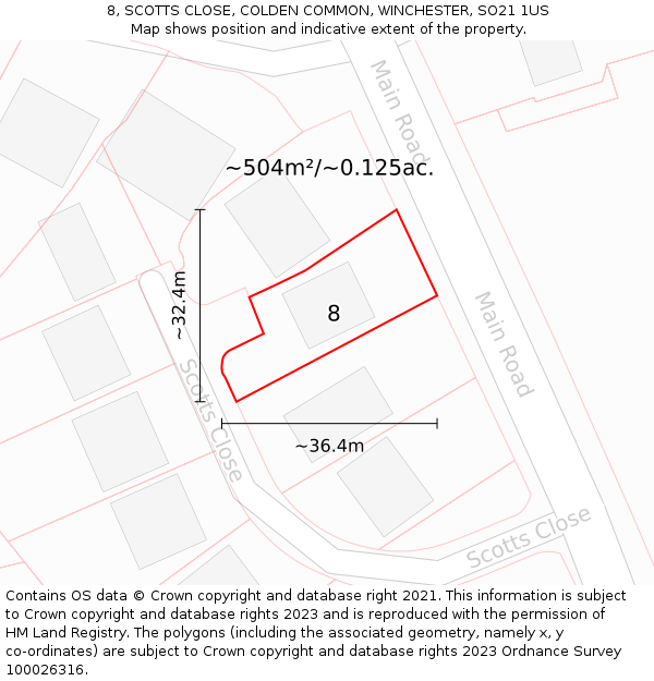 8, SCOTTS CLOSE, COLDEN COMMON, WINCHESTER, SO21 1US: Plot and title map