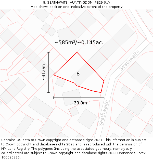 8, SEATHWAITE, HUNTINGDON, PE29 6UY: Plot and title map