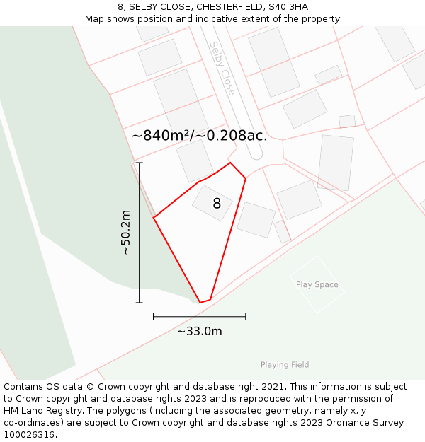 8, SELBY CLOSE, CHESTERFIELD, S40 3HA: Plot and title map