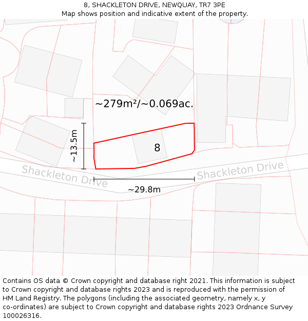 8, SHACKLETON DRIVE, NEWQUAY, TR7 3PE: Plot and title map