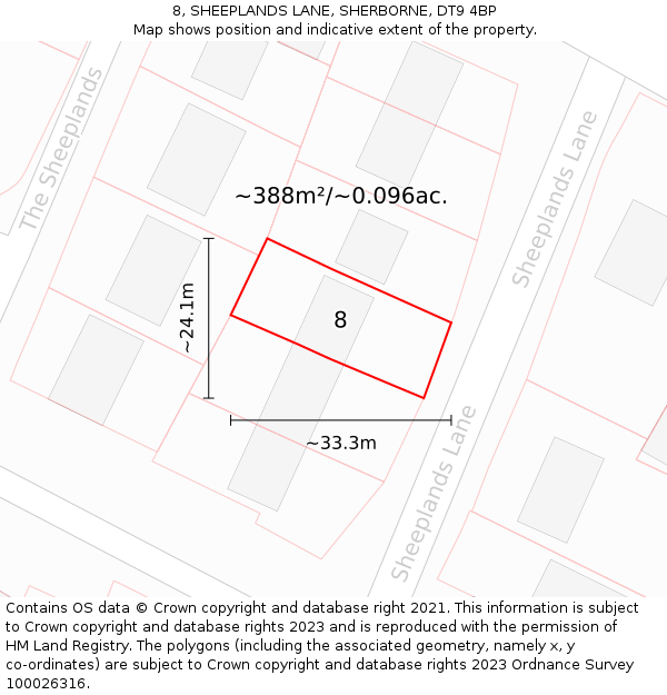 8, SHEEPLANDS LANE, SHERBORNE, DT9 4BP: Plot and title map