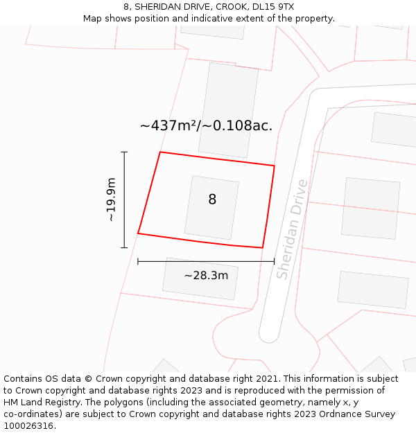 8, SHERIDAN DRIVE, CROOK, DL15 9TX: Plot and title map