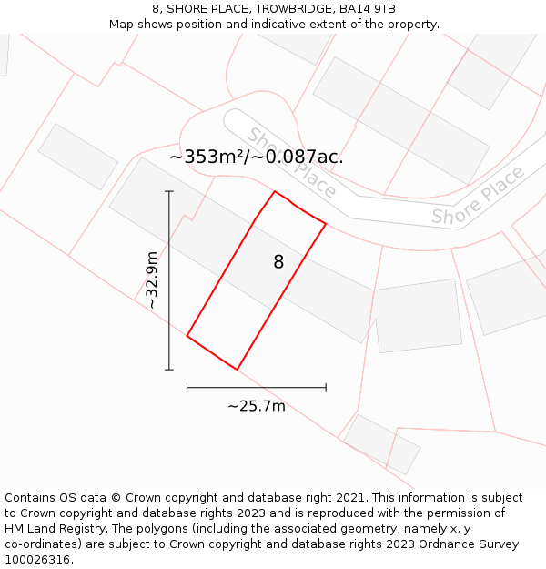 8, SHORE PLACE, TROWBRIDGE, BA14 9TB: Plot and title map