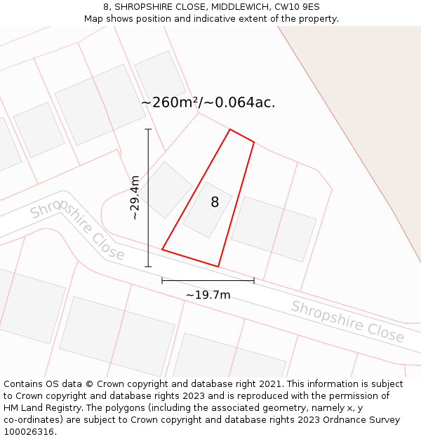 8, SHROPSHIRE CLOSE, MIDDLEWICH, CW10 9ES: Plot and title map